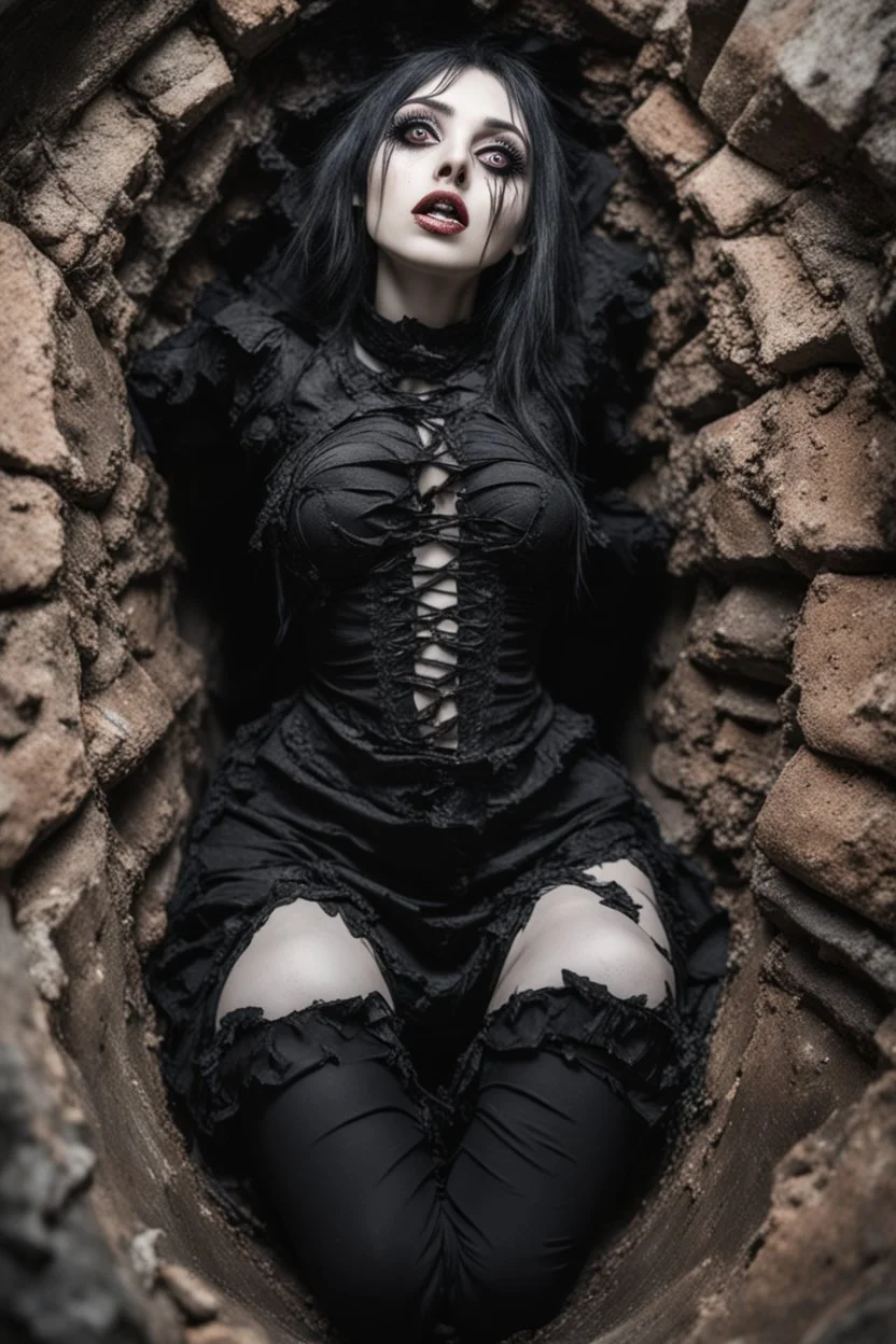 Closeup tall Girl goth with big eyes, fullbody, crushed inside really fleshy stomach filled with digestive juices, ragged clothes, the perspective looking up from the bottom of an empty well ,8k,macro photography,