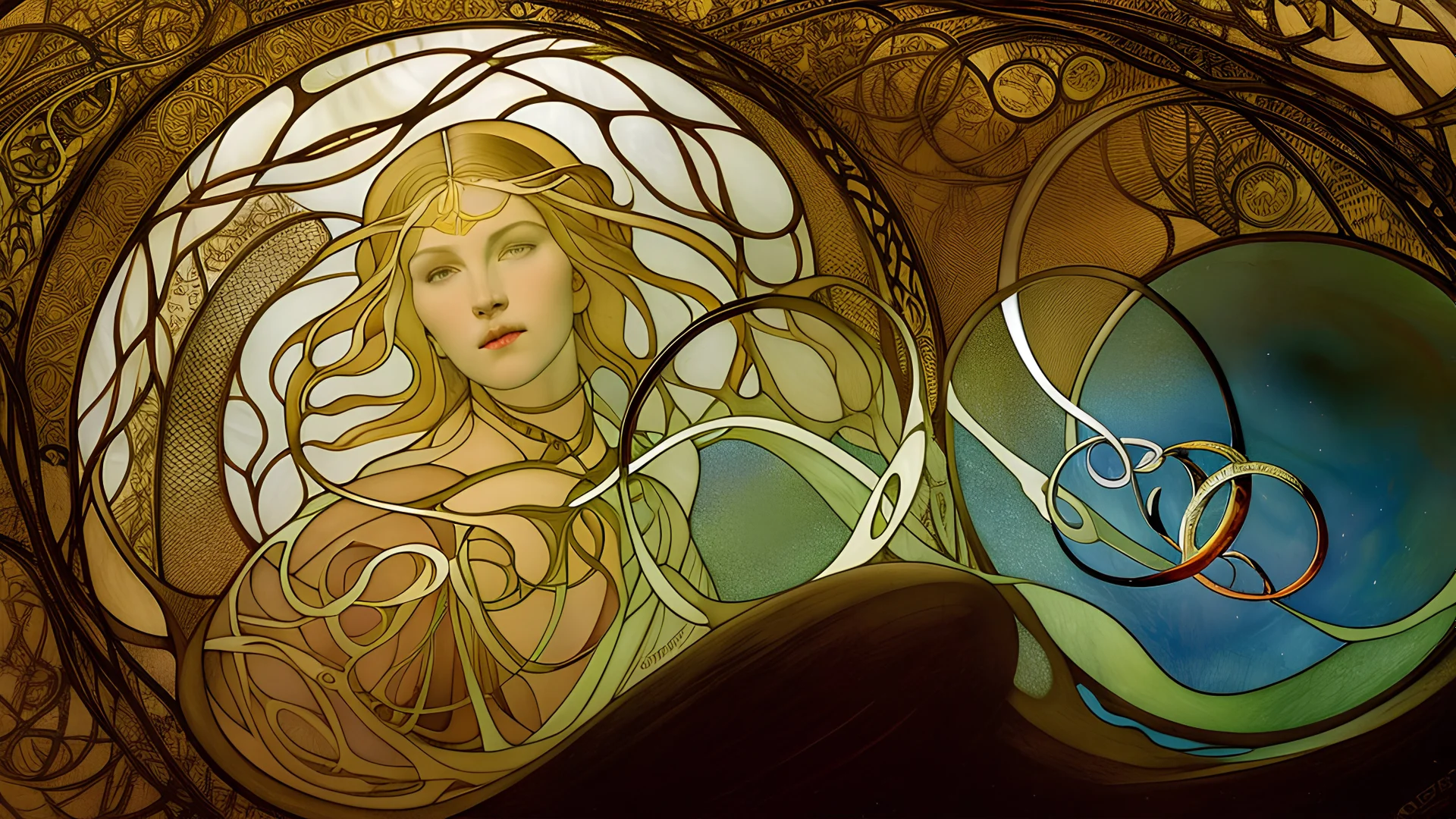 art by Alfons Mucha and Patrick Woodroffe, stained glass motif, Ouroboros, infinity symbol, mystical, mechanistic, metaphysical, serpentine, cosmic, nebula, HD 4K, sharp detail, photo-realistic, octane rendering, award winning photography, cinematic lighting