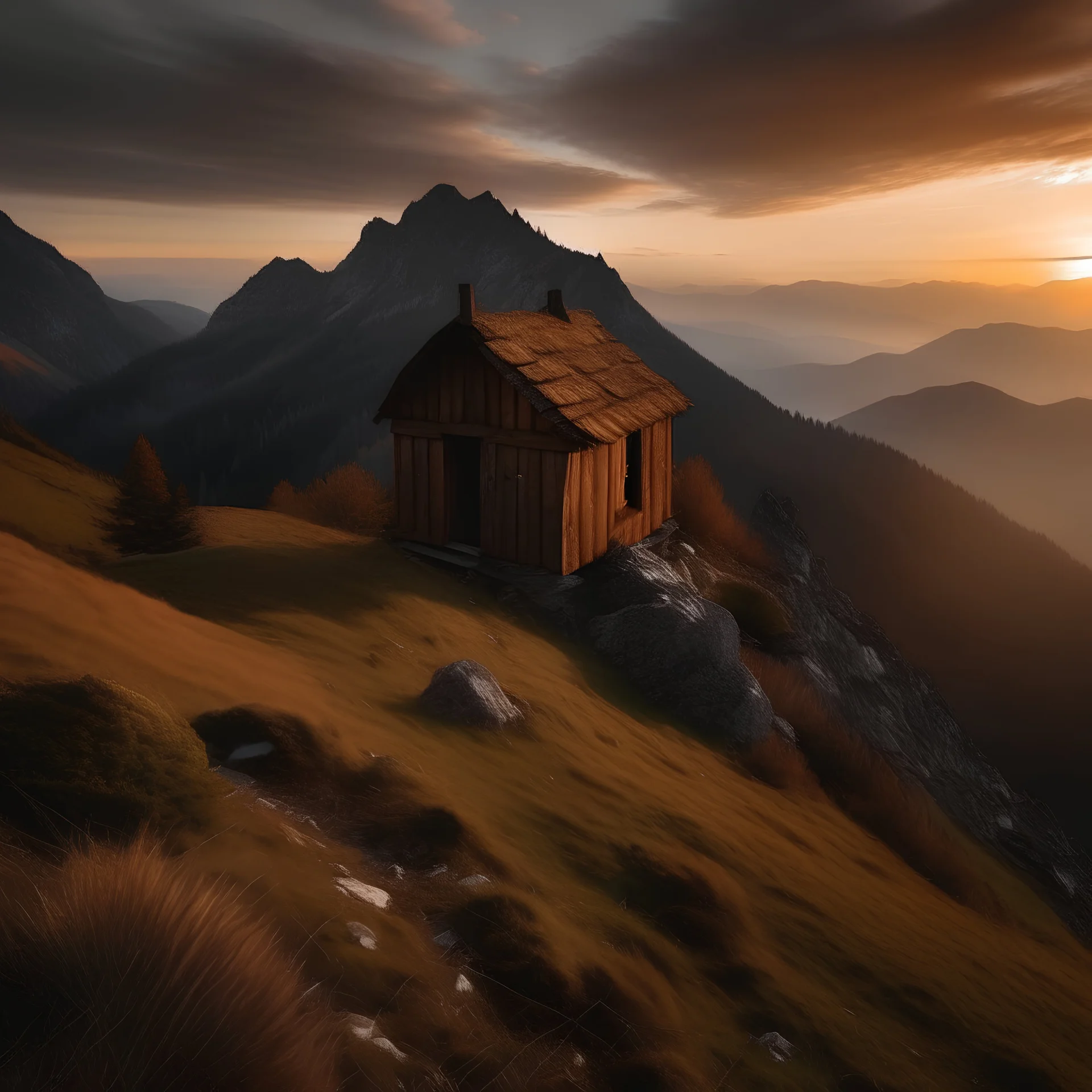 A hut on the mountainside at sunset