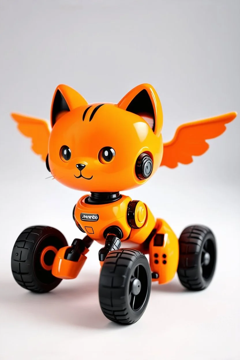 little cat robot orange with wheels and wings of steel