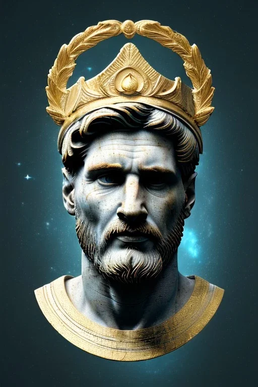 Ultra Realistic image, Roman sculpture, white marble material, Lionel Messi, gold Laurel leaves wreath, renaissance ornaments, radial gold lines, one gold star in heart, radial wave lines ornament, geometric ornaments, blue marble background, chisel style, waist up portrait, emperor style, epic, celestial, cinematic lighting, God light, god rays, 4k resolution, smooth details, ornate details, soft lighting, unreal engine 5, art station, substance 3d.