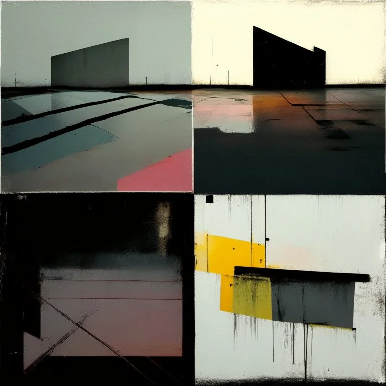 Minimal contemporary abstract oil paintings desolate 1960s carpark concrete fragments at dusk sunset. In the style of Justin Mortimer and Francis Bacon. road markings.