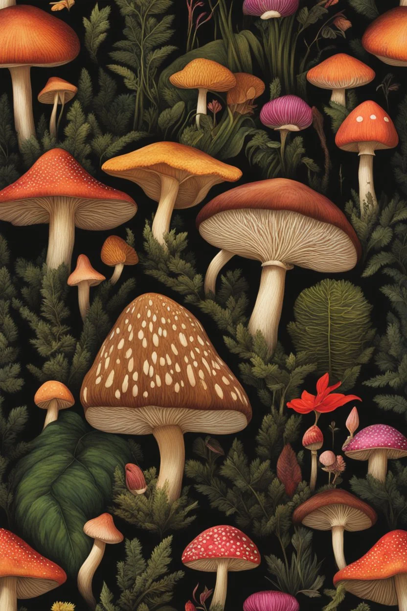 Explore a vibrant world of exotic flora and fauna, where towering mushrooms rise from a black liquid surface.