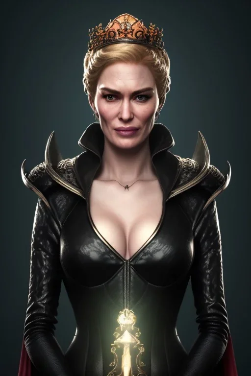 Cersei Lannister as evil queen in black leather, busty, cleavage, curvy, lena headay, angry, stern look. character design by cory loftis, fenghua zhong, ryohei hase, ismail inceoglu and ruan jia. unreal engine 5, artistic lighting, highly detailed, photorealistic, fantasy