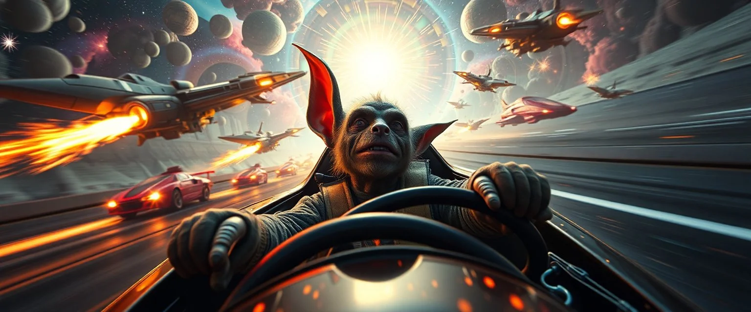 etheral astral weird perspective worried yoga legend race car racing against spaceships going sideways in ramp driver close up portrait of dj magic kobold gremlin farmer pilot looking down on cam, with background in the style of escher and giger, a chill contrapunctus fugue in the style of fsol, beethoven, goa trance breaks, dancefloor drum and bass, burning cars, fire storm lightening, and explosions, and stars and glitter