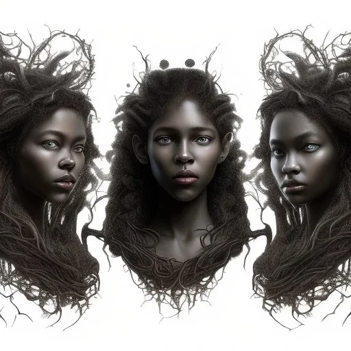 Painting .three women. A mother. Two daughter. Twins. A mother with her children. three young black women. wood nymphs emerging from the forest. Her hair looks like vines. Dreadlocs. Her skin is the colour of dark soil. Her skin looks like tree bark. Her clothing is made of vines, grass and leaves.