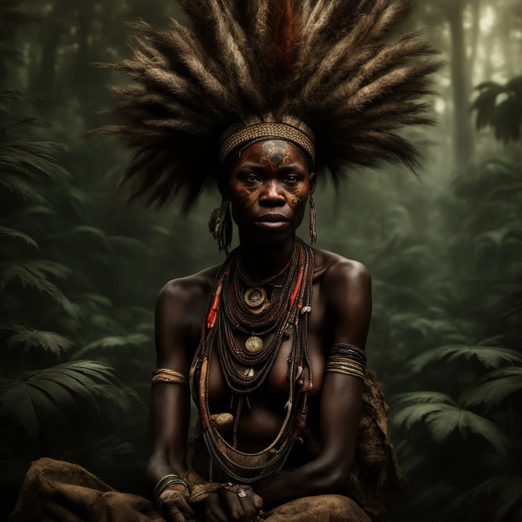 Behold the powerful alluring and pretty african congo shaman woman, her body adorned with with rutual paintings, in the middle of congo jungle. intricate details, HDR, beautifully shot, hyperrealistic, sharp focus, 64 megapixels, perfect composition, high contrast, cinematic, atmospheric, moody