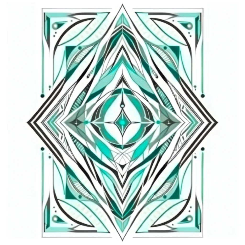 stylized Scandinavian artifact in the style of tarot and art deco, turquoise and grey colours, white background