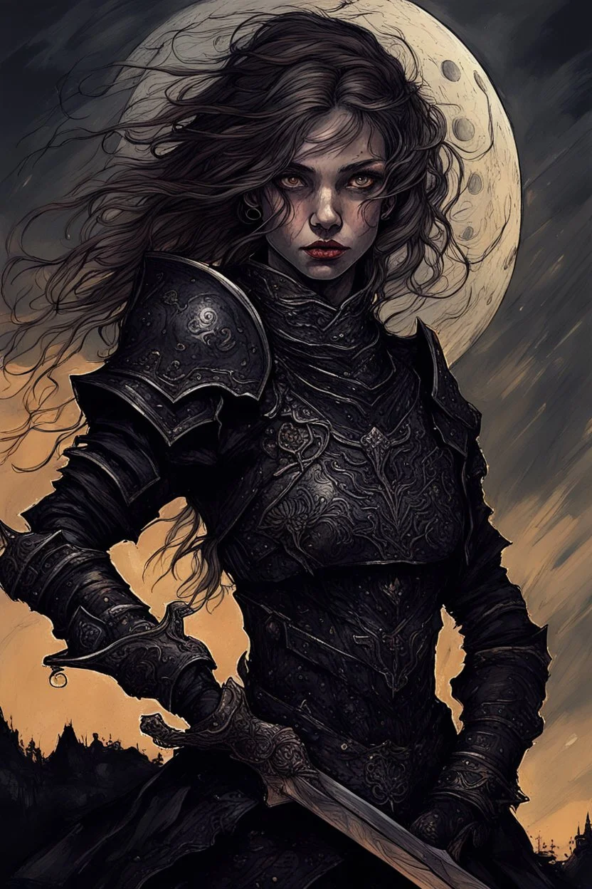 A formidable warrior girl in black armor, against the background of an amazing gloomy landscape, flooded with the light of two moons, mountains, trees, a fabulous scary landscape, juicy emotions, painting, dark fantasy, gloomy day, dark world, portrait, Gothic Town At Night, Fantasy, Intricate Details, Castle Courtyard Gardens, Hyper Detailed, Jean Baptiste Monge, Carne Griffiths, Michael Garmash, Seb Mckinnon, Masterpiece