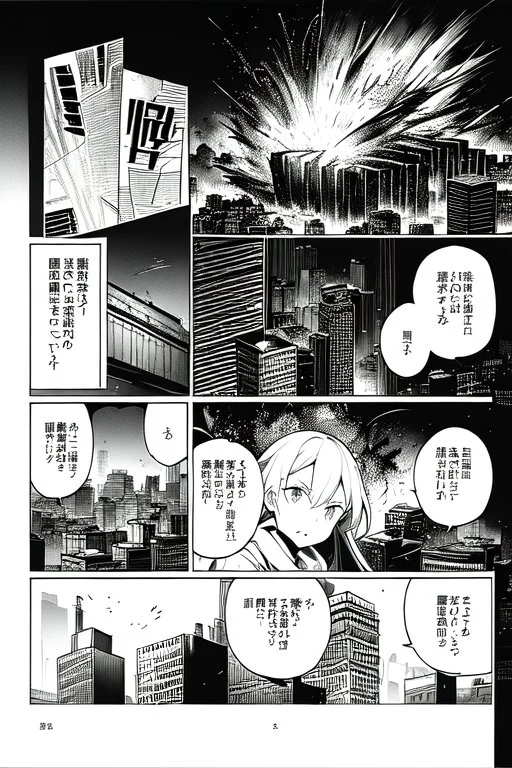 explosion in city, manga page, greyscale