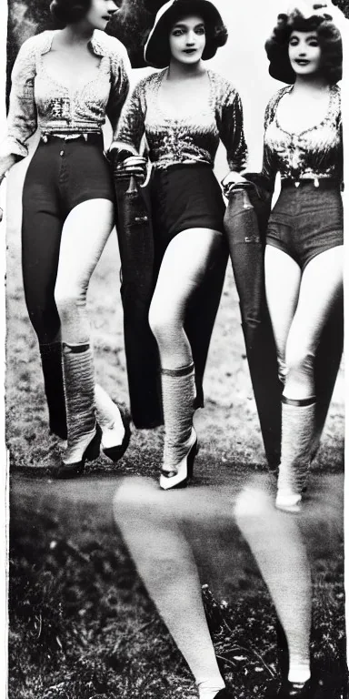 Four Ziegfeld Girls on jeans walking