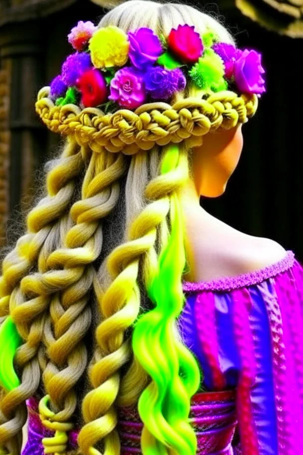 Princess Rapunzel's hair braided and decorated with flowers is beautiful and charming