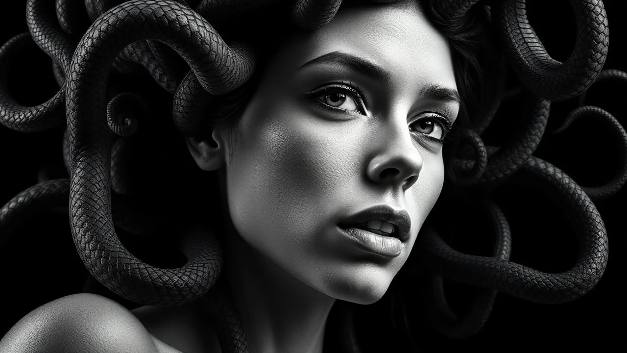 a high quality digital artwork of an attractive woman, Medusa head with many hair snakes, view with hate, mysterious, confusing, digital painting, metaphorical, powerful image, deep meaning image, cinematic, black and white color, low Angle shot, Three-Quarter View, black background, realistic 8k