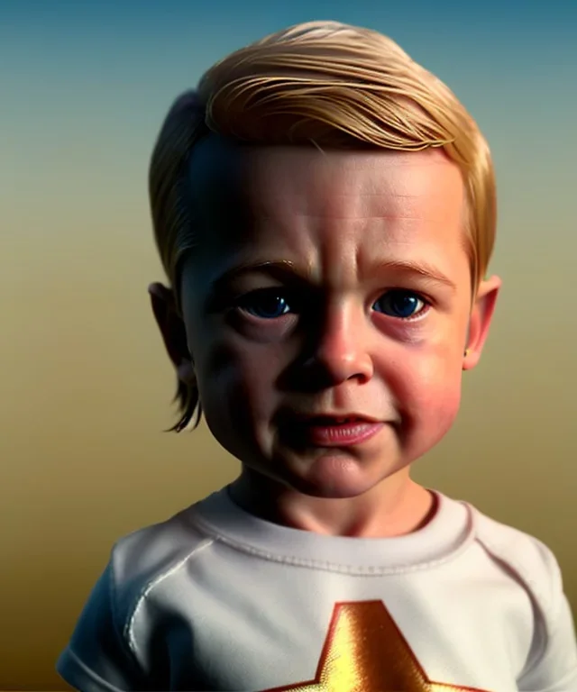 Brad Pitt toddler, full body, shoe, car, soft, dramatic lighting, hyper realistic