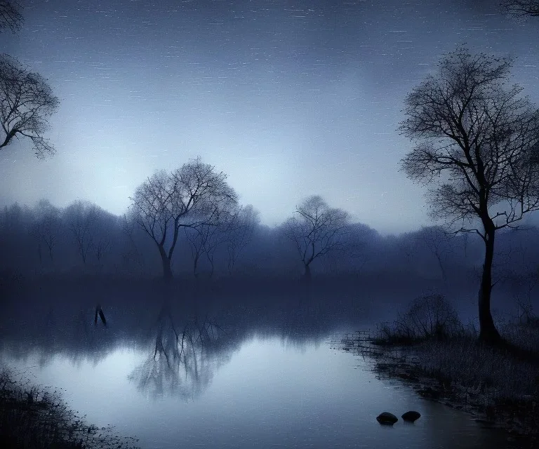 the dark blue night sky, woods, rever