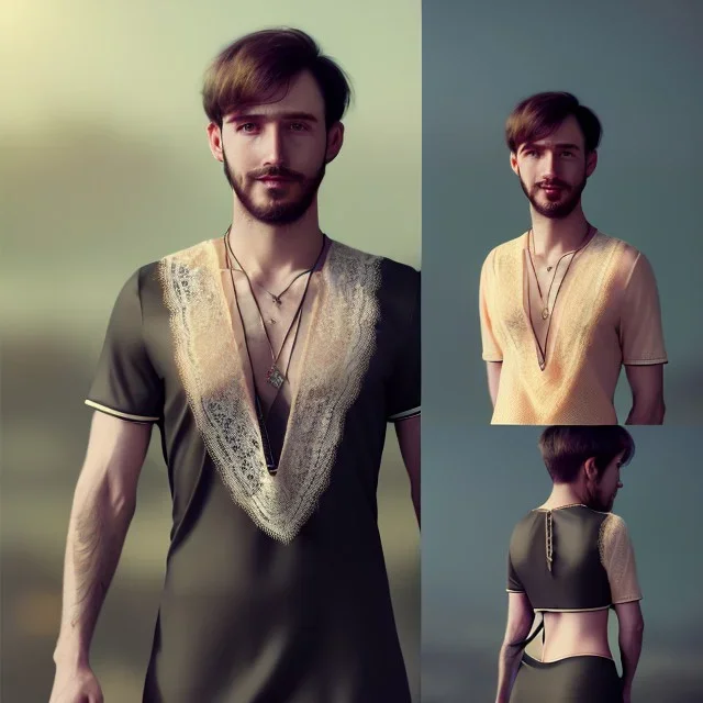 Realistic photo short hair guy (boyish face) beautiful cleavage lace neckline short haircut thin waist wide hips lacy nightgown amulet of black magic muslim