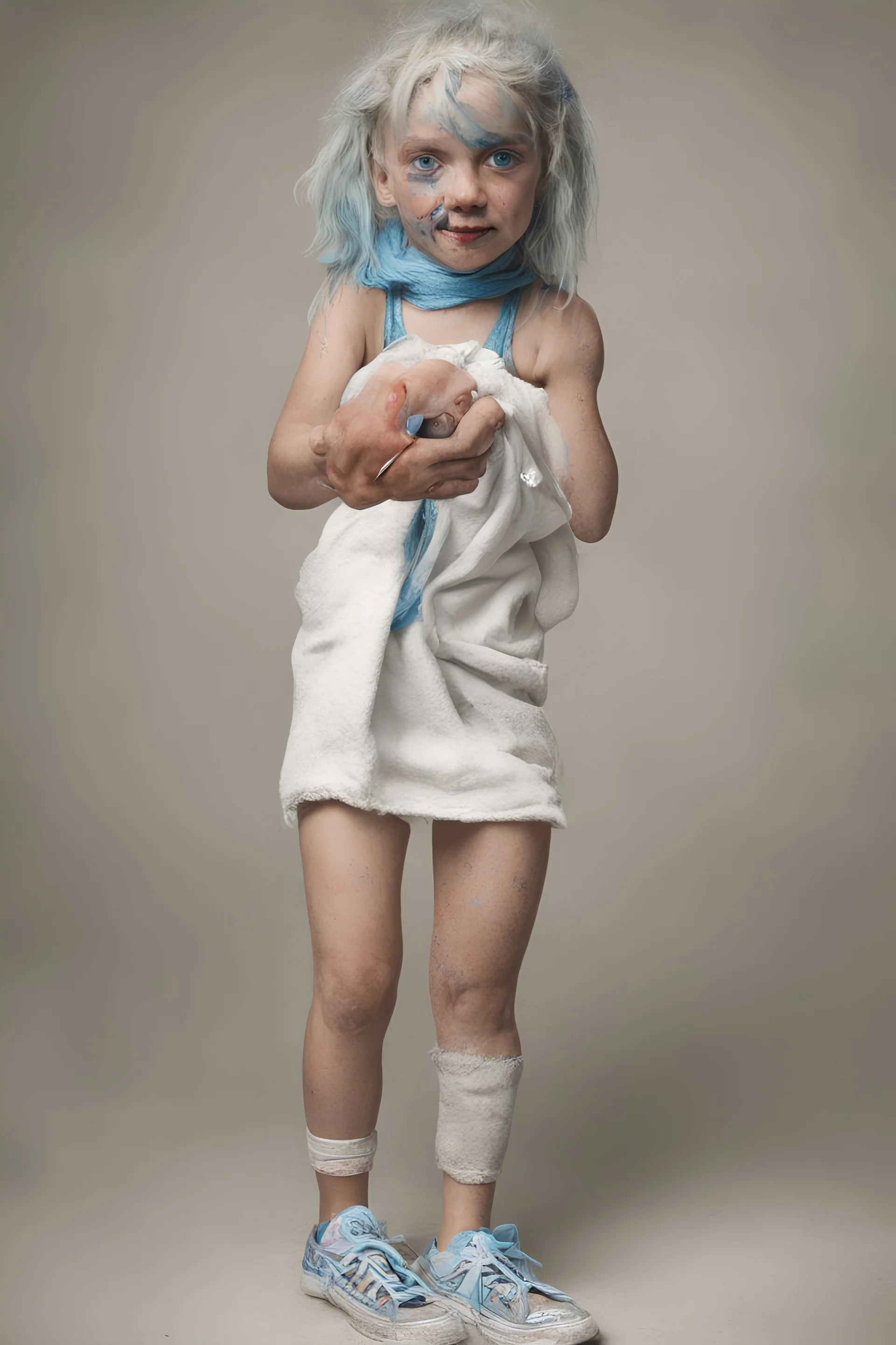 a deformed girl with an amputated arm and an amputated leg and three finger missing and a black eye and a blue eye and really funky hair wearing a towel and a shoe