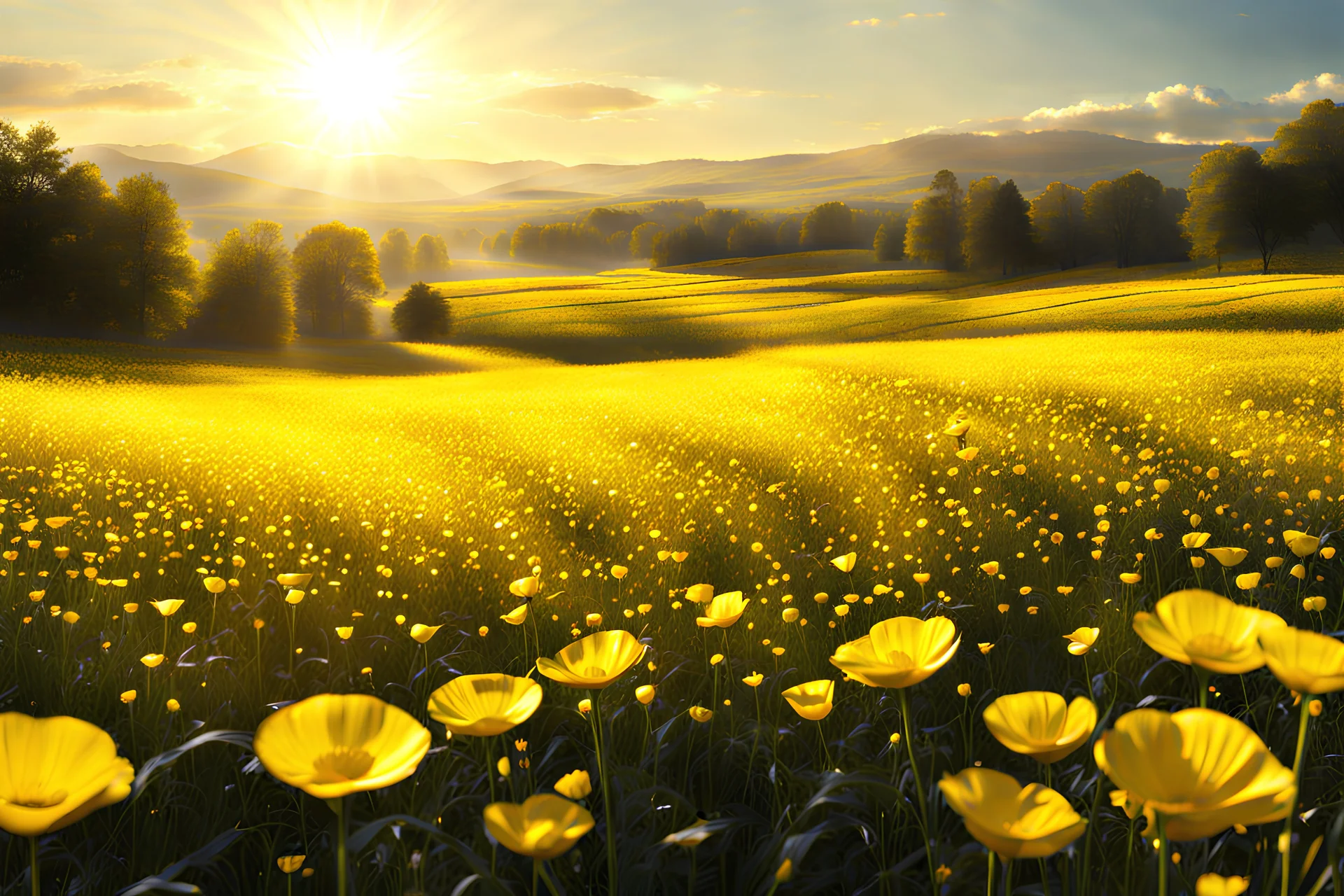 yellow, gold light effects colors, magic fields with buttercup, clear sunny light, highly detailed, high contrast, 8k, high definition, realistic, concept art, sharp focus