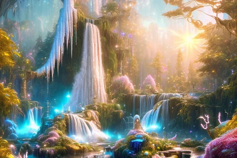  white and gold crystal cosmic ambiance，waterfall, full of details, smooth, bright sunshine，soft light atmosphere, light effect，vaporwave colorful, concept art, smooth, extremely sharp detail, finely tuned detail, ultra high definition, 8 k, unreal engine 5, ultra sharp focus