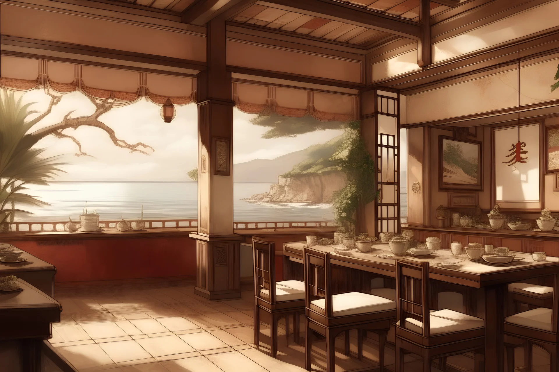 imagen realista, como fotografía de un restaurante mediterráneo costero que cuenta con una estética de arquitectura moderna, primando marones, blancos e iluminación natural, usando una paleta de colores principalmente moncromática de marrones claros, rojizos, oscuros y blancos, que se vea moderno y que tenga algunas decoraciones tradicionales japonesas como una delicada y no muy extensa pintura de un dragón en negro, dejando ver la costa por la ventana en un día soleado