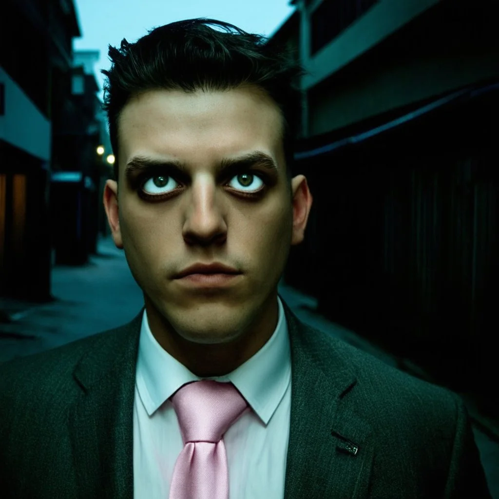 very grainy discolored 2000s photo, closeup portrait, dark night alley with no lights, grunge, extremely gaunt male with chalk-white skin wearing a good suit with a pink tie, calm, imposing, crazy look in the eyes, malkavian