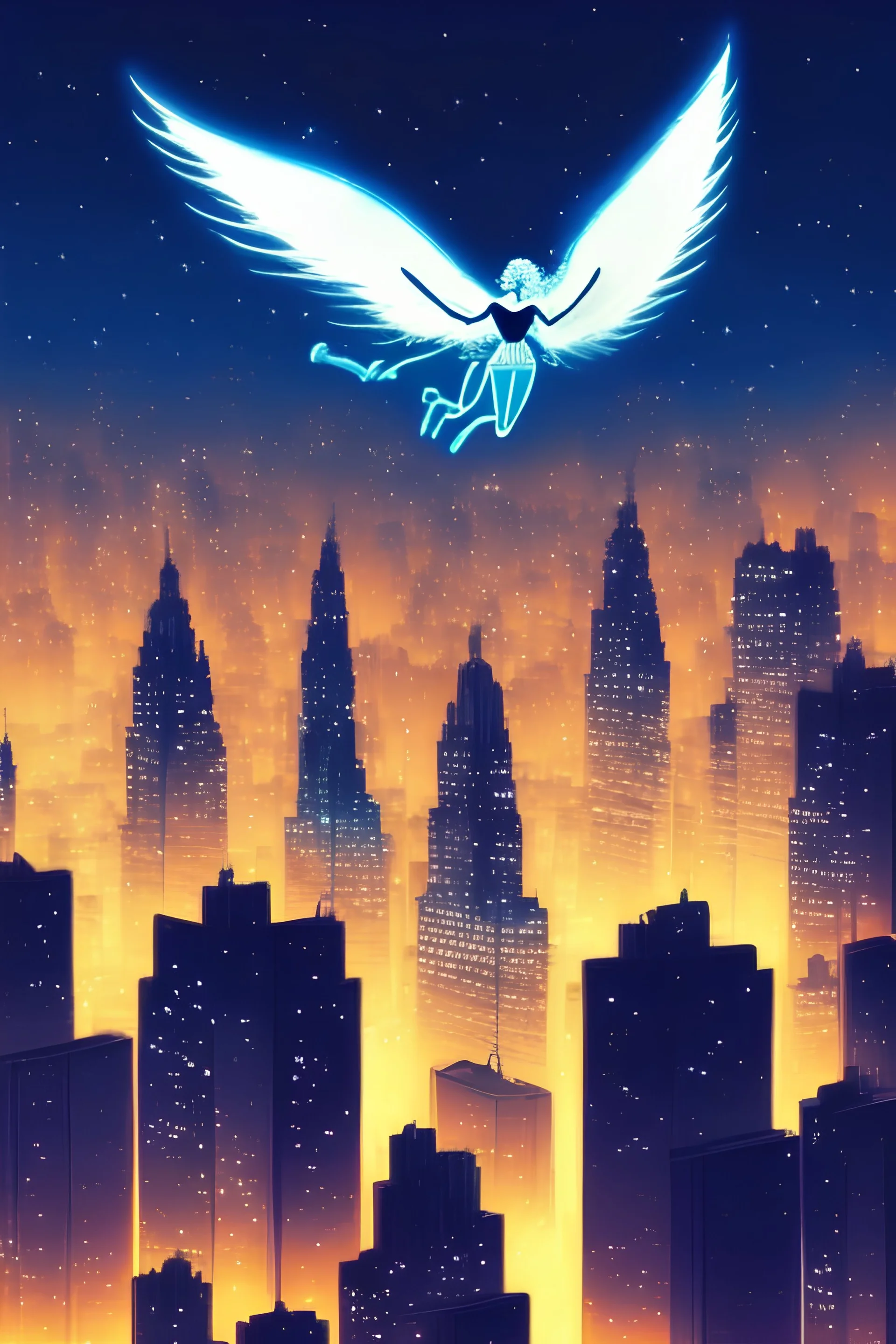 A flying angel over the tall buildings in a city at deep blue night.