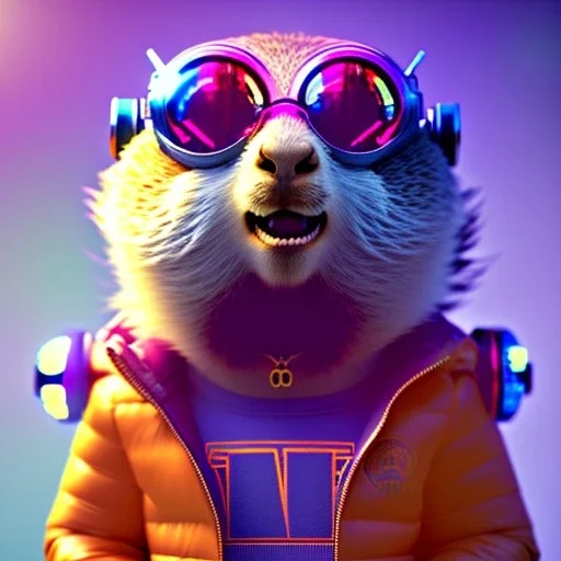 pixar style anamorphic cute marmot baby, smiling, cyberpunk sunglass, gangsta gold neckless, full body, magenta puffer jacket, manila city backdrop, dramatic lighting, hyper realistic, unreal engine 5, 16k