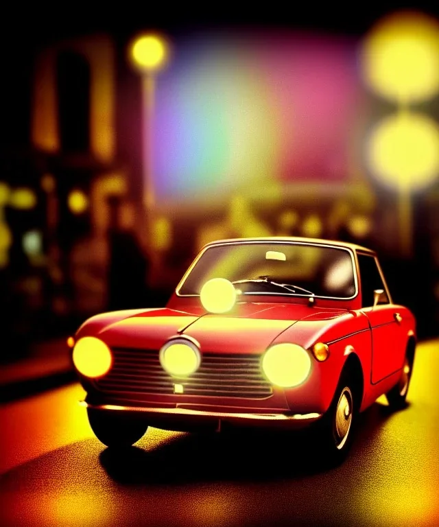 fiat 125p, city. high speed. bokeh. lens flare. warm lights. high detailed. oil on canvas