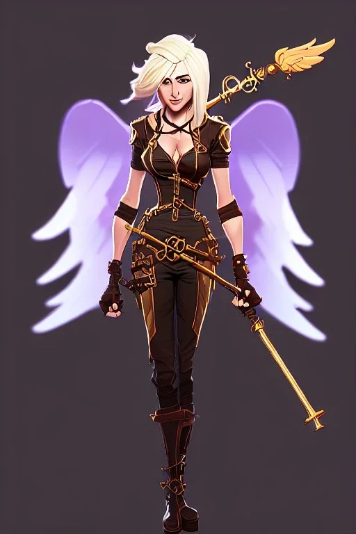 clouds, blonde steampunk angel holding staff, majestic, glowing