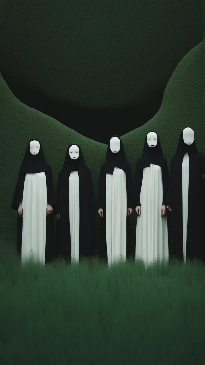 a group of no face women with mask standing on top of a lush green hillside, inspired by Ren Hang, design milk, long black hair, whites, wanderers traveling from afar, trending on artisation, cloning spell, coat pleats, in twin peaks, submarine, by Helen Thomas Dranga, symetry, round-cropped, noire photo