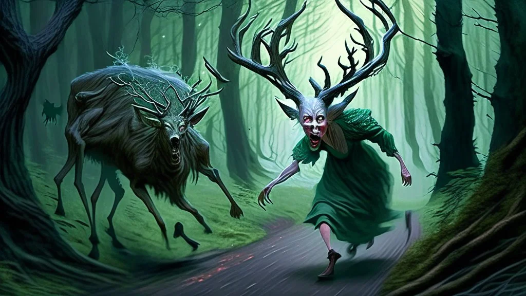 lovecraftian styled resurrected unhappy single deer chasing the older drunk lady through the forest.