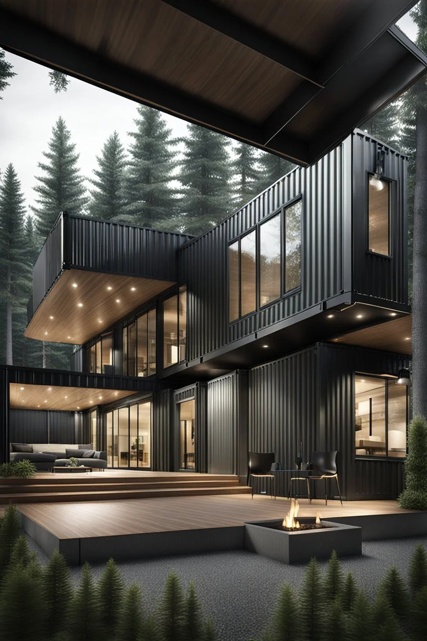 large house in the woods made from shipping containers, photorealistic