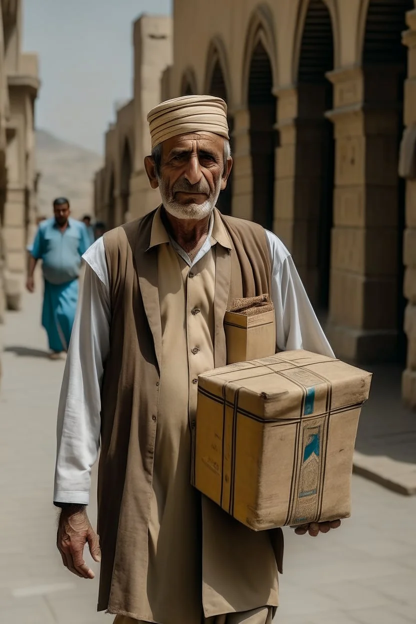 شخص يحمل طرد يبدو عامل توصيل طرود في صنعاء القديمة.