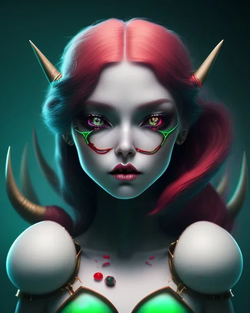 isometric clean art of a cute short Demon women with black horns - deep blood red hair and green eyes, soft lighting, soft pastel gradients, high definition, 3d icon clay render, blender 3d