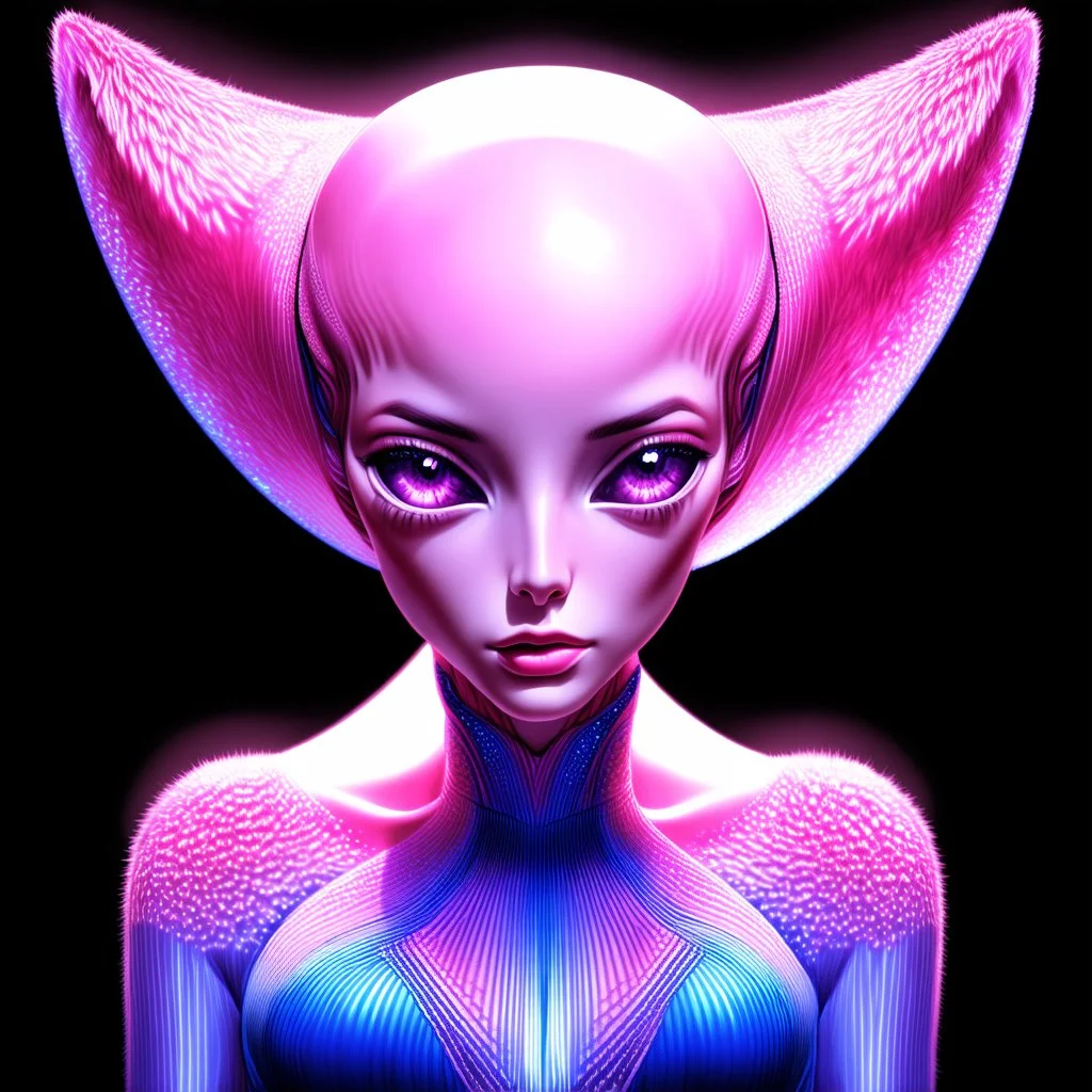 extraterrestrial being, alien, female, bipedal, otherworldly, pastel pink fur, large lavender eyes, intricately designed, highly detailed, Greg Rutkowski, hyperdetailed, humanoid