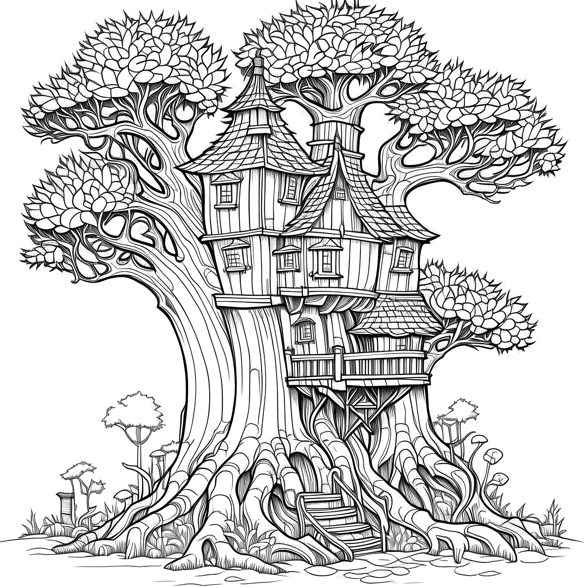 outline art for square twisted castle old oak tree coloring page for kids, classic manga style, anime style, realistic modern cartoon style, white background, sketch style, only use outline, clean line art, no shadows, clear and well outlined