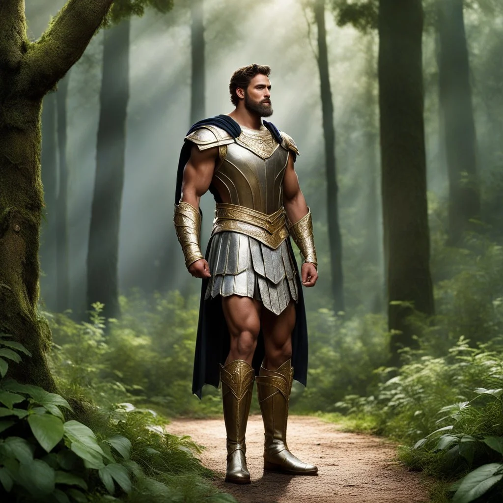 Theseus from Shakespeare's A Midsummer Night's Dream. Tall, strong, regal; impeccably groomed in formal attire. His commanding presence fills the forest clearing as he transforms into a gladiator for the day. Theseus exudes confidence with every step, his posture reflecting his unwavering certainty. The air crackles with anticipation as he prepares to face the challenges that lie ahead in his newfound arena.