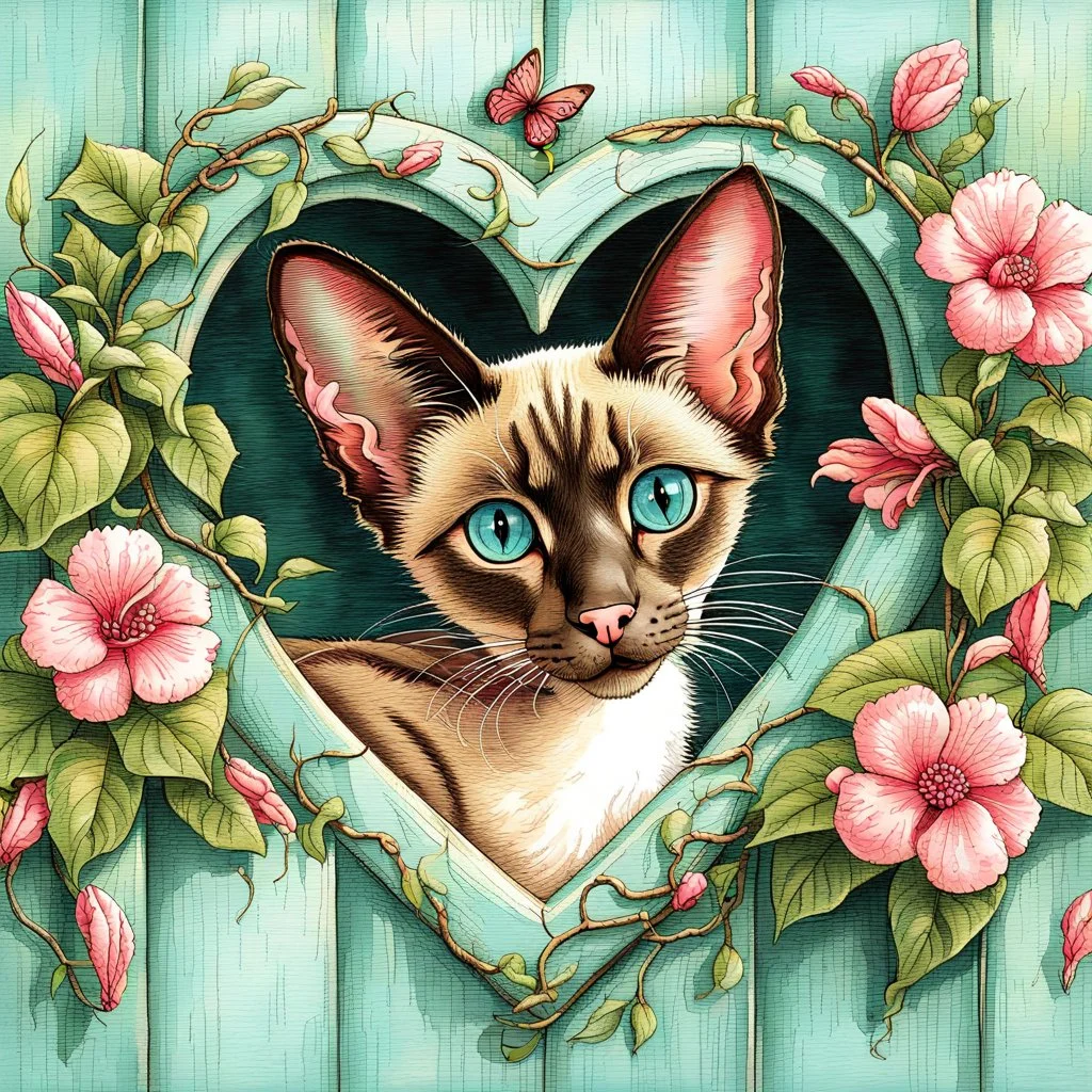 A chocolate point Oriental shorthair siamese kitten peeks out from a heart-shaped opening in a weathered turquoise door,surrounded by delicate pink flowers & green vines.The kitten's large,expressive eyes & soft fur create a charming & whimsical scene.realistic watercolor illustration vampiress, gothic attire, moonlit, alluring grin