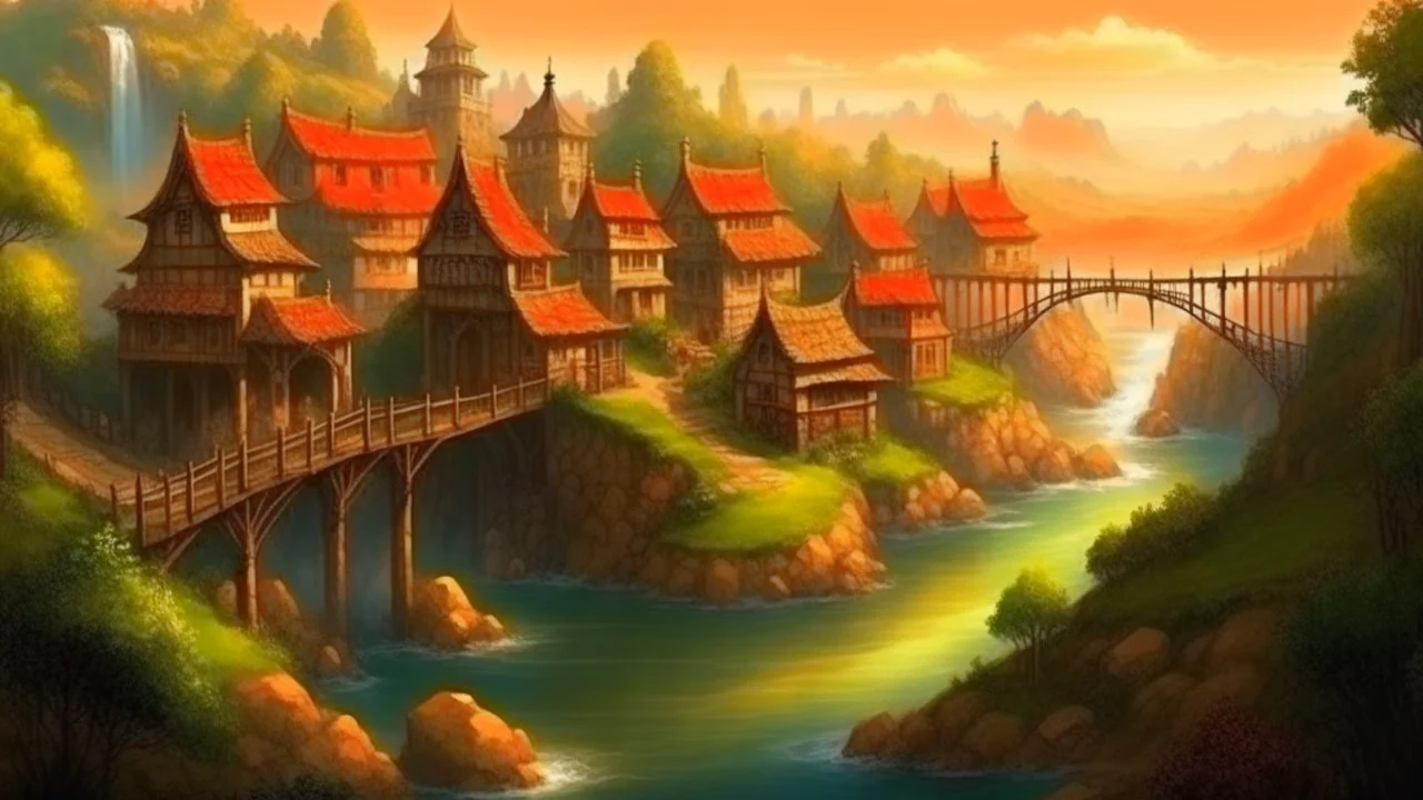 Fantasy art: fantasy village on the river with dam