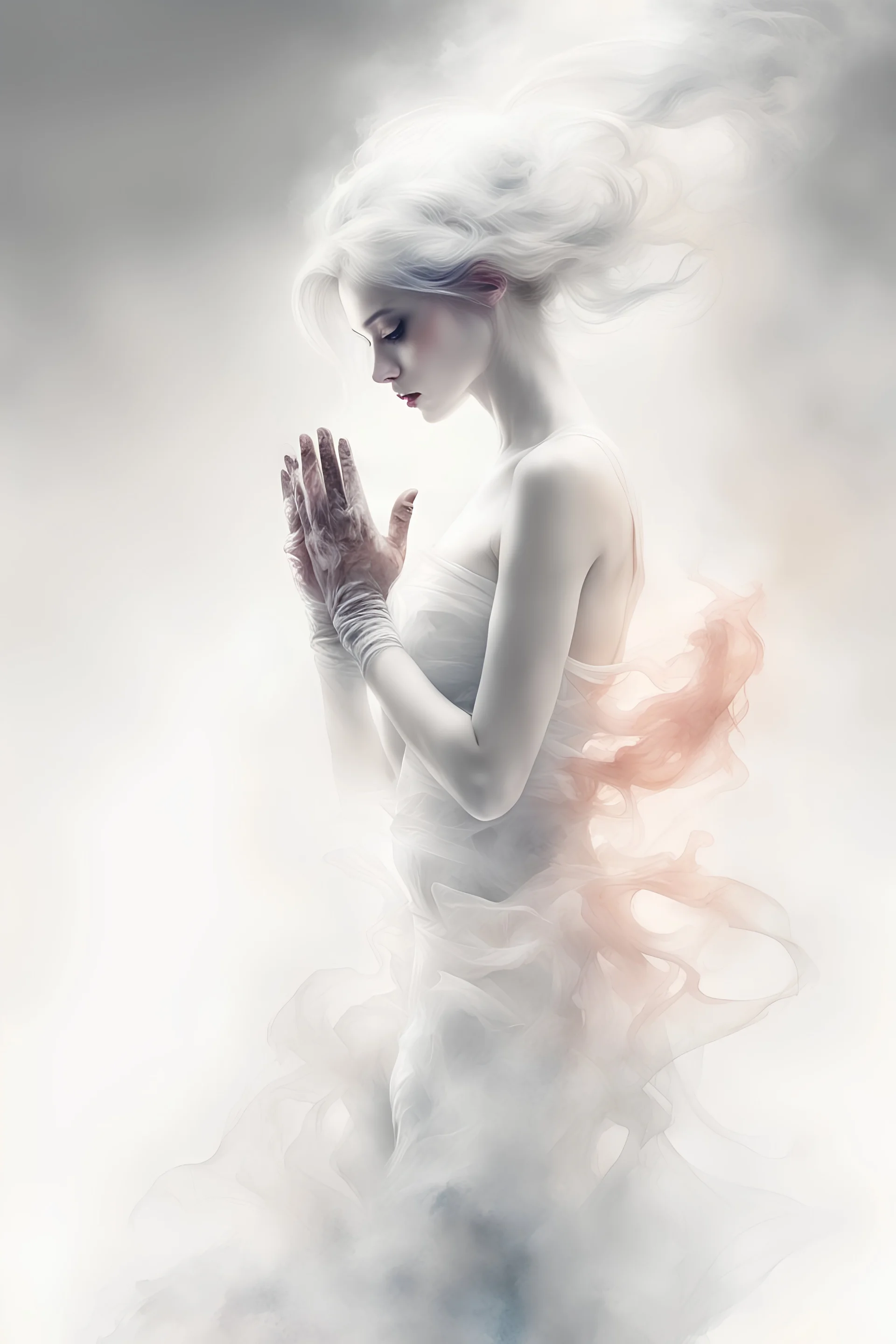 white smoke artistically takes the form of gloves by Ryohei Hase, Agnes Cecile, Raymond Swanland, Anne Bachelier, pastel smoky texture in hues of tranquility, an embodiment of minimalism with a stroke of simplicity, evoking serenity against a backdrop, black shimmering, fantasy art, backlit