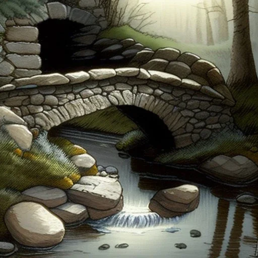 an artist sits next to a little stone bridge, brook, highly detailed, smooth colours