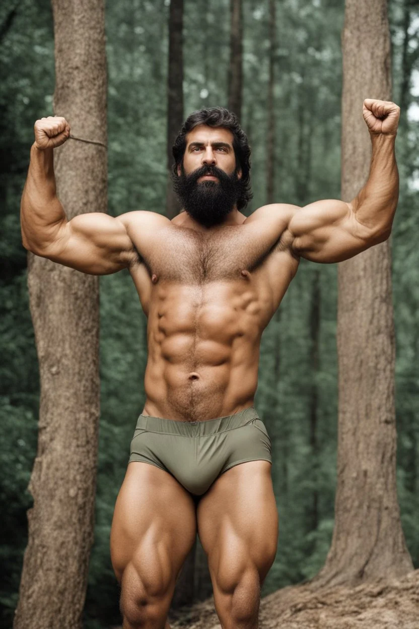 1980's massive male muscular strong arab man , very virile, hairy chest, age 40, muscle daddy, beard, short hair, strong armpits, in a wood, viril chest, opened raincoat