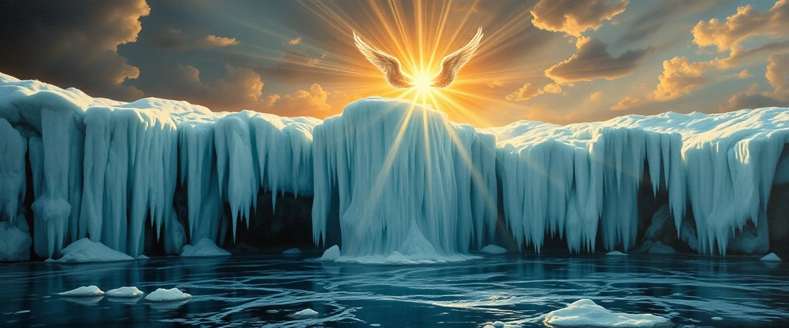 master oil painting by Rembrandt,ice ountain of air water portrait angels singing, display of god rays over blessed earth