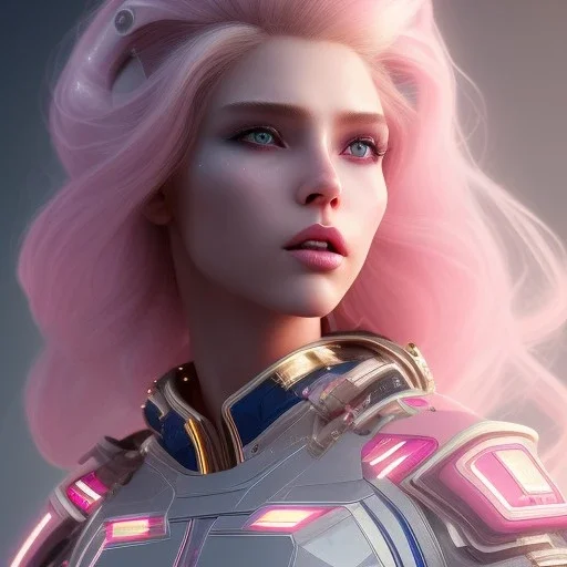 Portrait of cyber girl, long blond hair, pink lips, extremely sharp detail, finely tuned detail, ultra high definition, 8 k, unreal engine 5, ultra sharp focus, accurate sword wings, positive smile, highlight luminous suit blue and pink