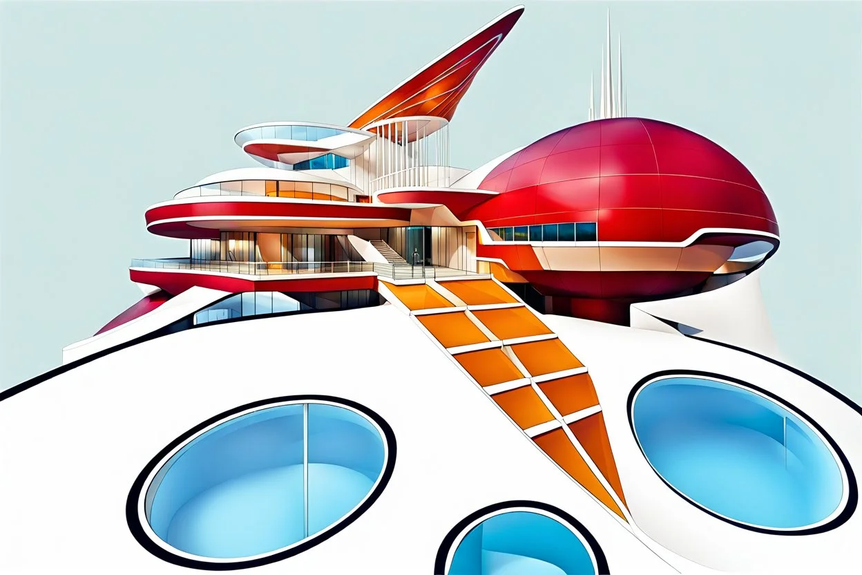 Architectural drawing of a Neofuturistic art museum, (((isometry))), ultra quality, people, treets, forma above