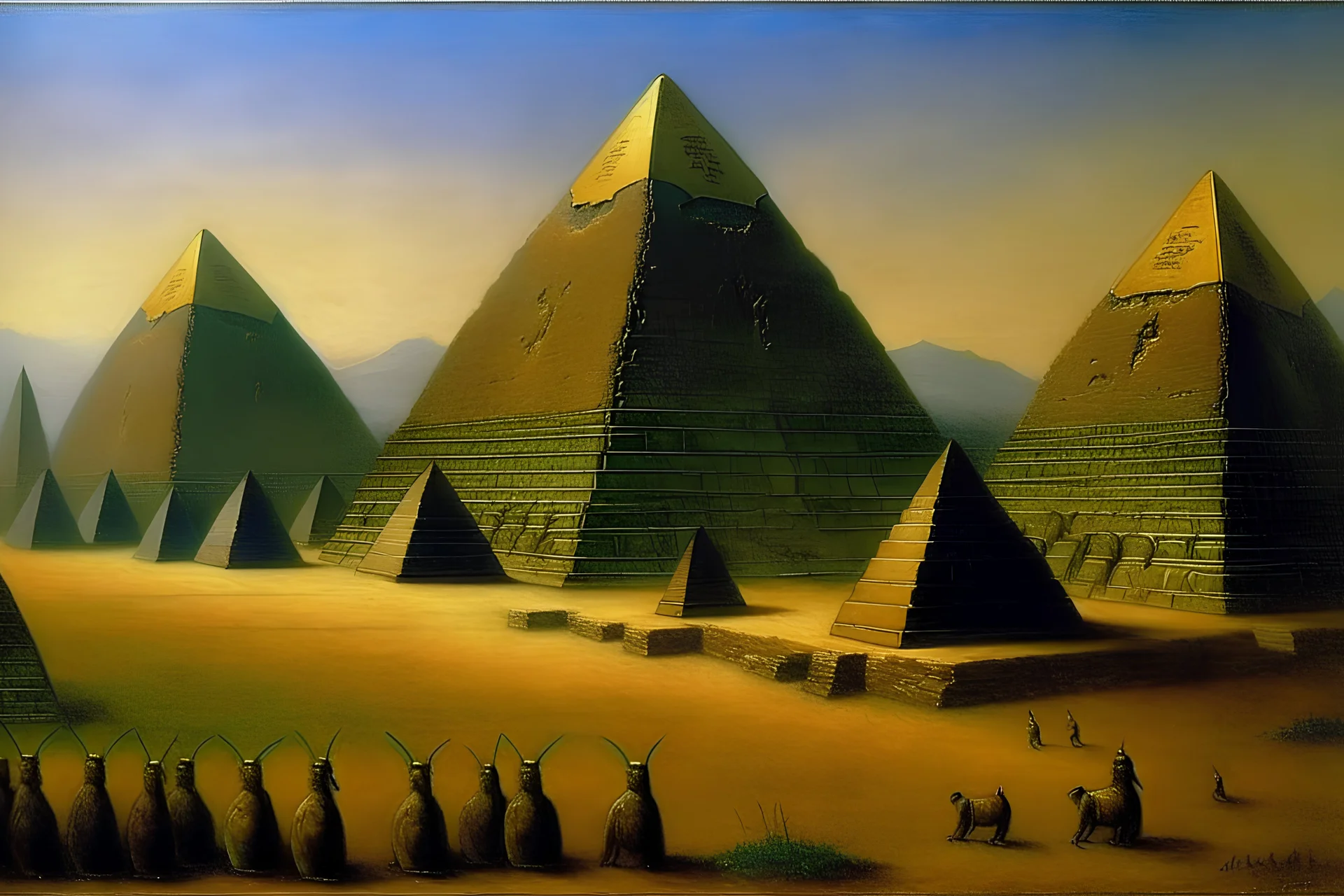 Pyramids with scarabs on them painted George Seurat