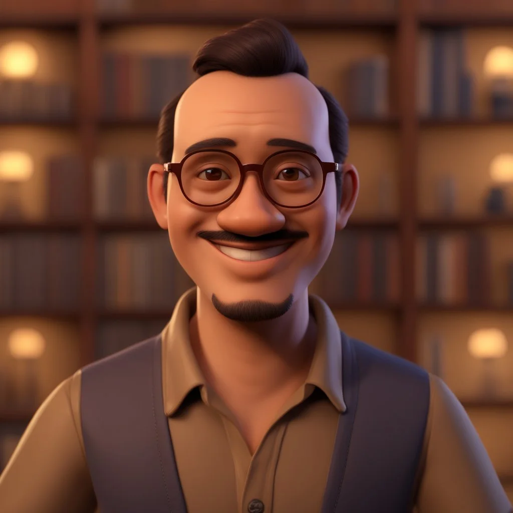 a portrait of smiling man. indonesian. carricature. dark brown hair. side parted short hair. brown skin. dark brown eye pupils. wearing rectangle glasses. big nose. triangle face shape. skinny body. semi formal dress. pixar style. 3D. 4k. portrait. highly detailed. sharp focus. high resolution. full color. cinema lighting