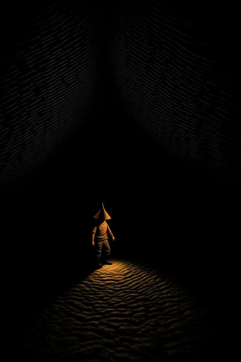 character in semi-darkness, on the scree cone of an underground room dimly lit by daylight coming from a well located forty meters above.