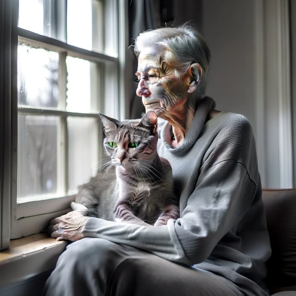 create a sleeping grey haired middle aged woman with chin length hair, sitting on a chair, in front of a window, holding her beloved gray and white tabby Oriental shorthair cat, also sleeping, in her arms. Serene peaceful calm. the snow falling outside