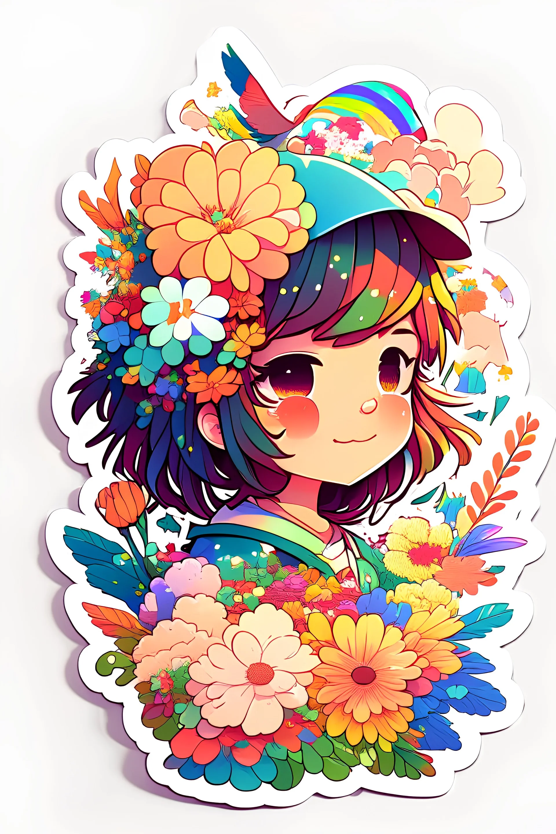 STICKER, A detailed illustration a print of vivid cute girl filled with flowers, floral splash, rainbow colors, t-shirt design, in the style of Studio Ghibli, splash in vibrant colors, 3D vector art, cute and quirky, Adobe Illustrator, hand-drawn, digital painting, low-poly, soft lighting, bird's-eye view, isometric style, retro aesthetic, focused on the character, 4K resolution, using Cinema 4D.